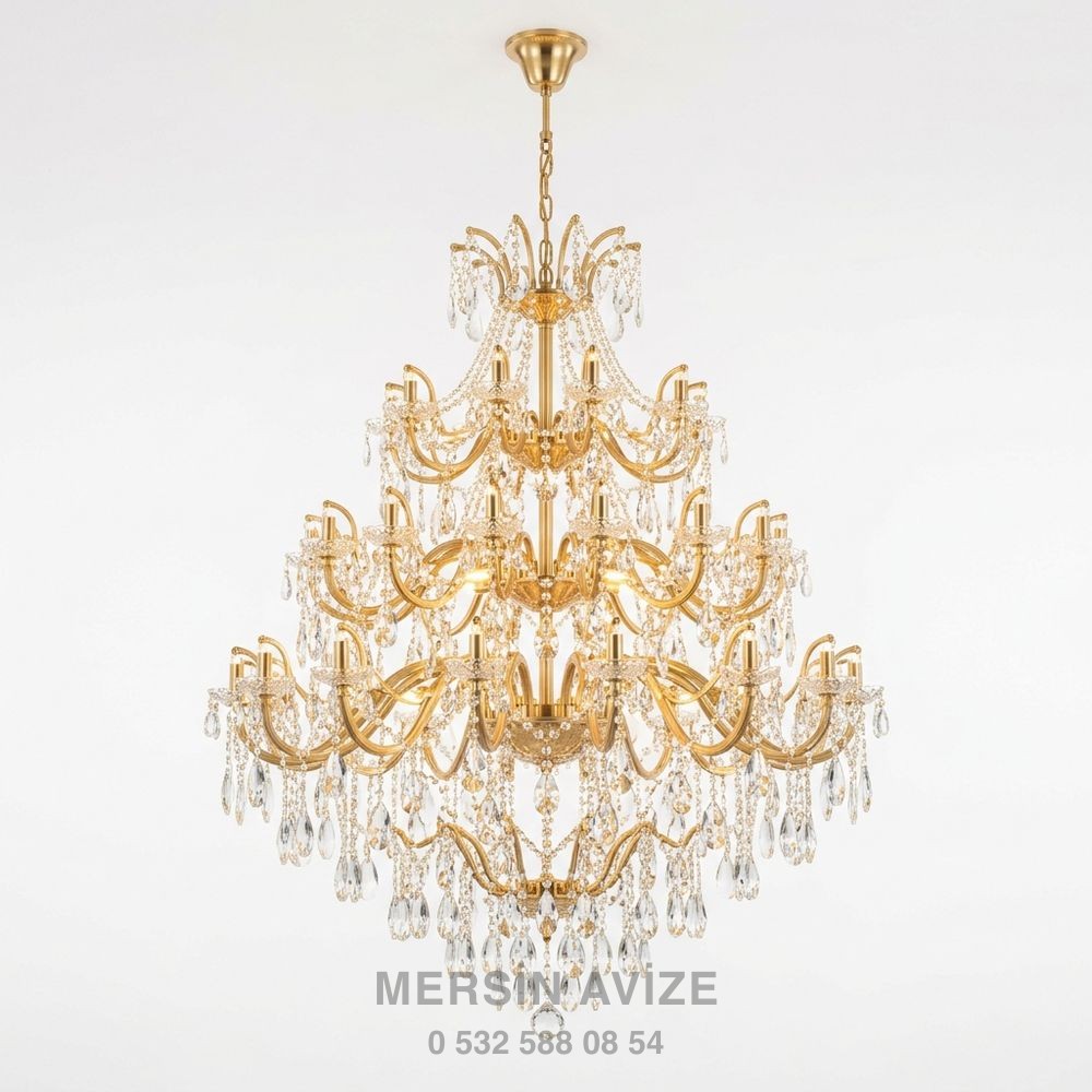 Kristal Prizma Taşlı Modern Gold Salon Avizesi