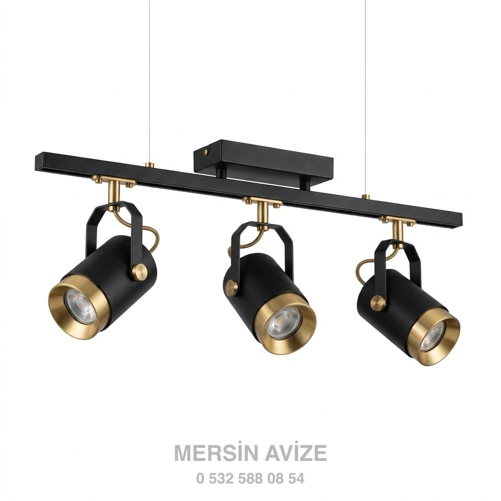 Siyah & Gold Ray Sistemli 3'lü LED Spot Avize